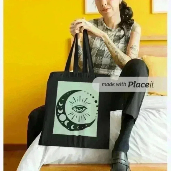 Moon and evil boho celestial seagrean and black recycled canvas tote bag - Picture 2 of 3